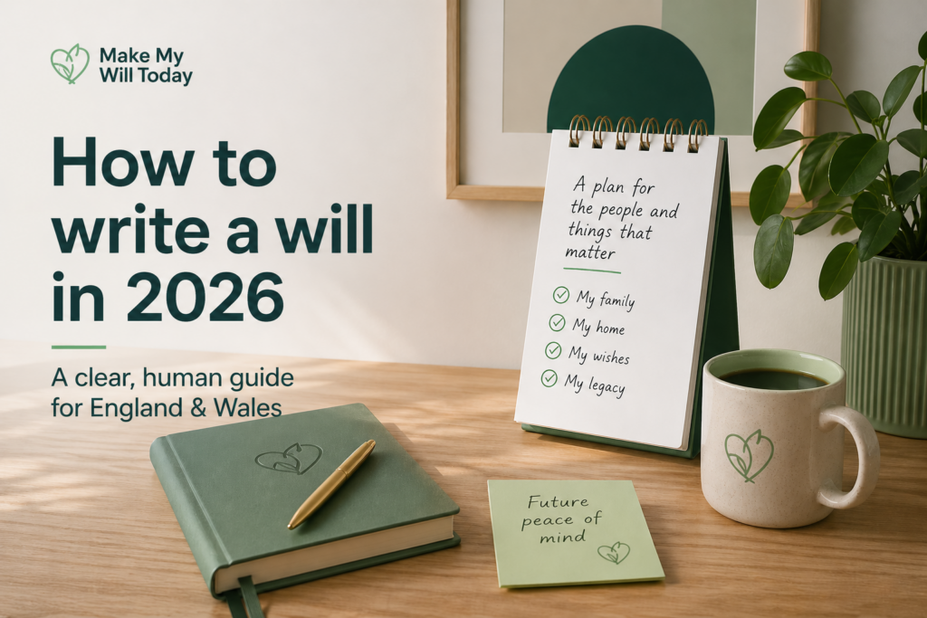 How to Write a Will in 2026 blog post image, showing a checklist with My Home, My Family, My Wishes and My Legacy