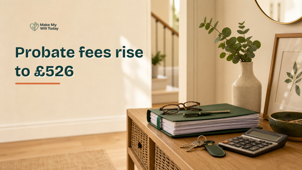Illustration for "Probate application fees rise to £526 from 13 July 2026" showing probate papers, keys and a calculator in Make My Will Today brand style.