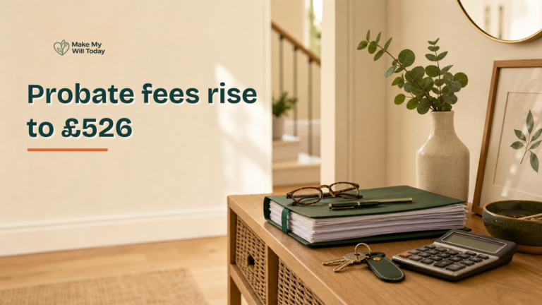 Illustration for "Probate application fees rise to £526 from 13 July 2026" showing probate papers, keys and a calculator in Make My Will Today brand style.