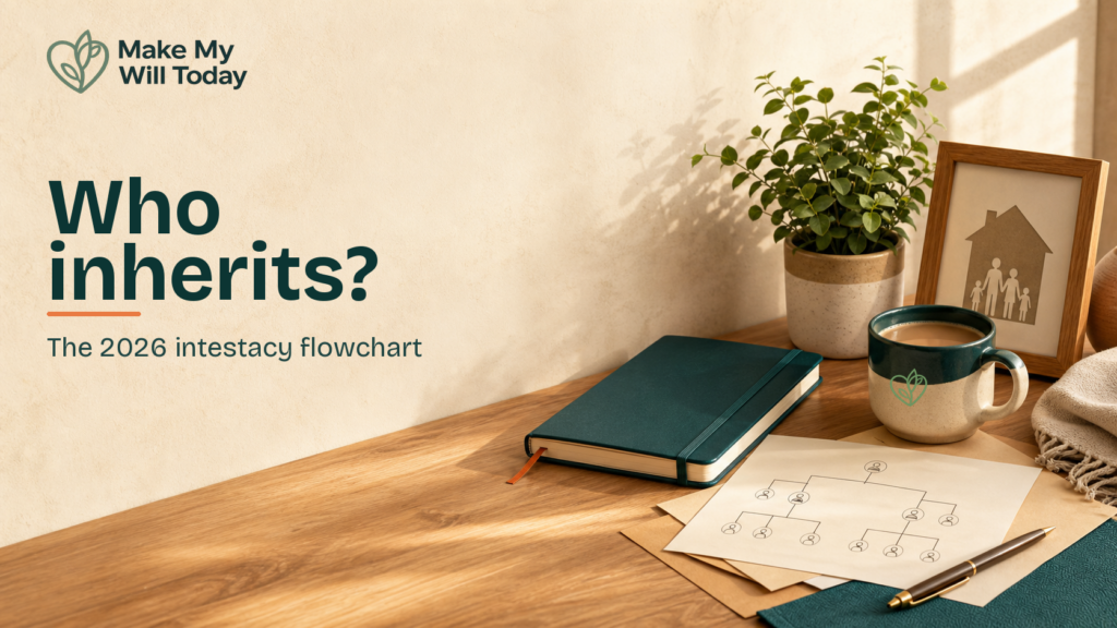 Illustration for "Who Inherits? The 2026 England & Wales Intestacy Flowchart" showing a warm desk scene with a notebook, mug, plant, and family-tree diagram in Make My Will Today brand style.
