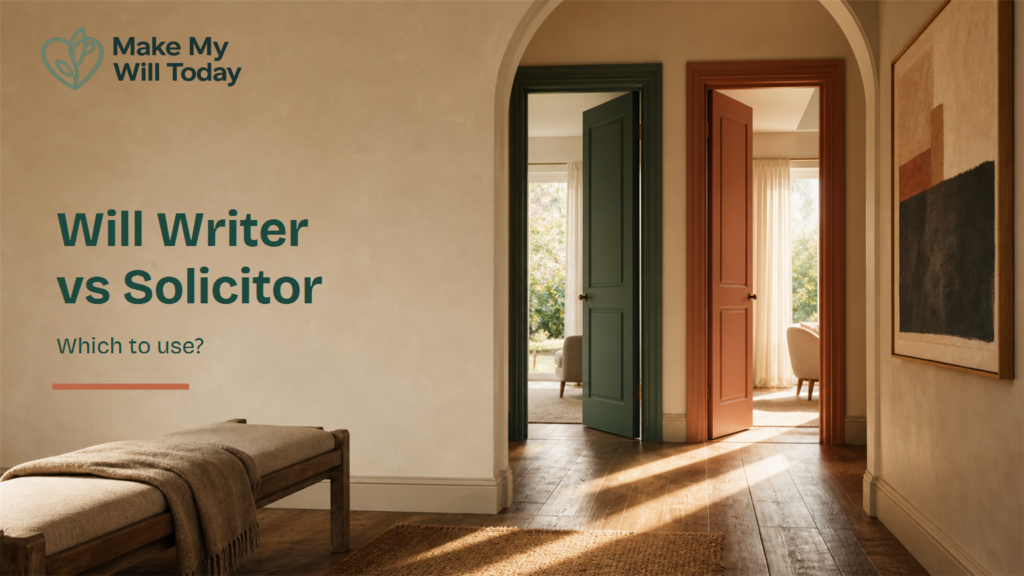 Illustration for "Will Writer vs Solicitor: Which to Use?" showing two contrasting routes through a warm home in Make My Will Today brand style.